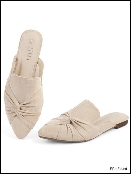 Shoes - Pointed Toe Mules with Bow, Memory Foam Insole, Slip-On Flats for Office